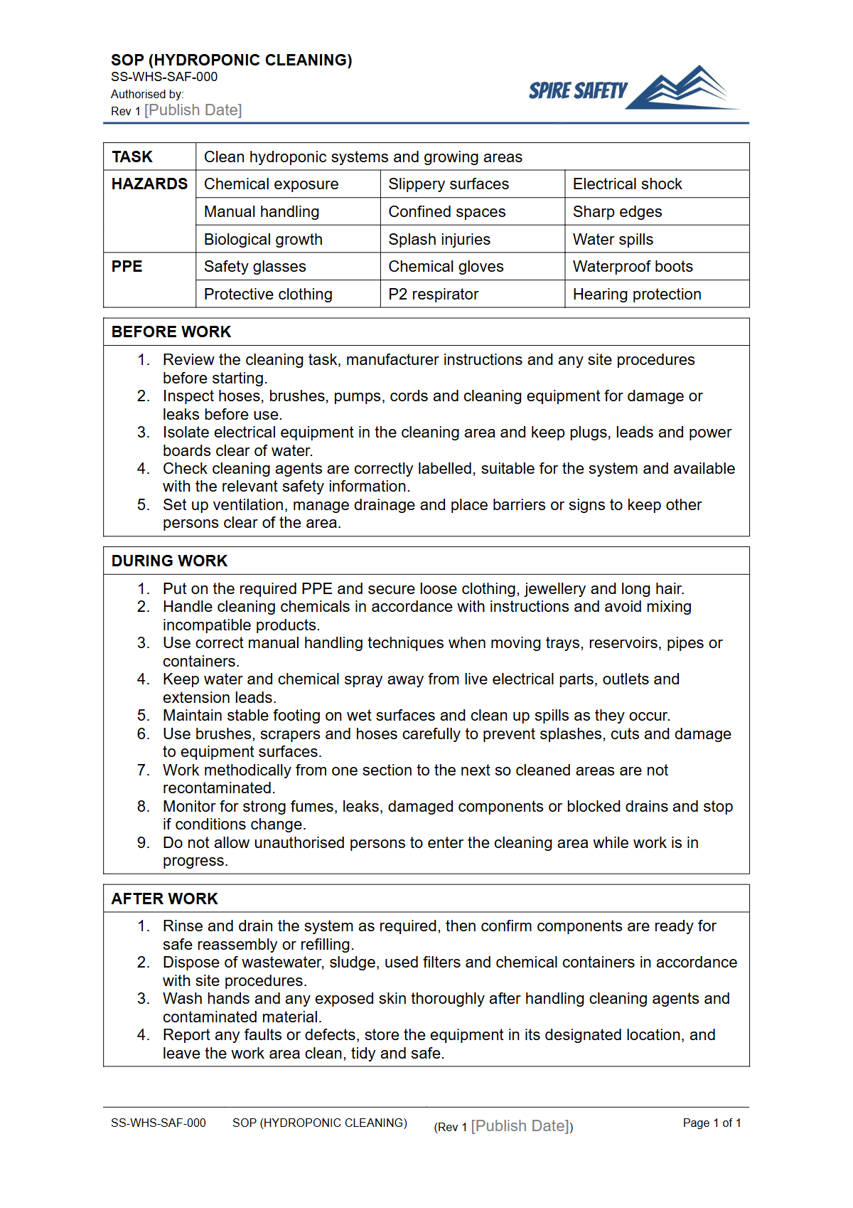 Free Safe Operating Procedure (Hydroponic Cleaning) Template — document preview