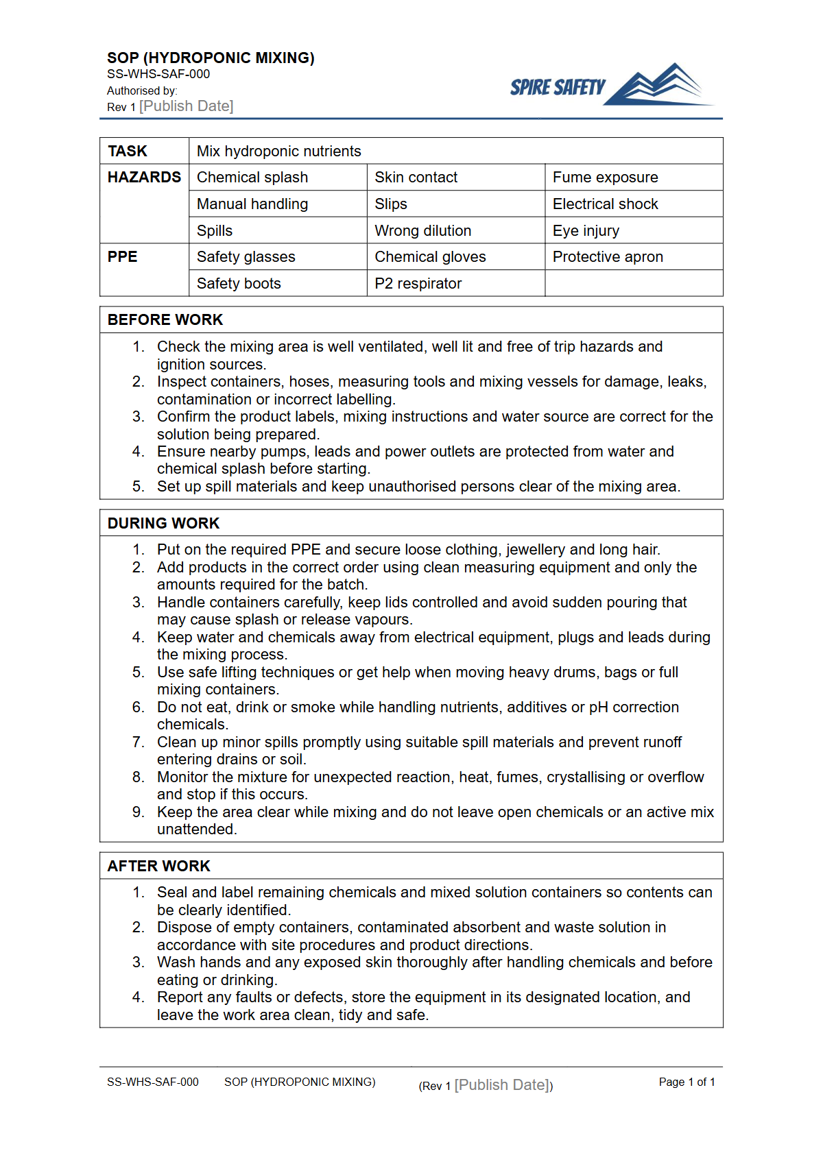 Free Safe Operating Procedure (Hydroponic Mixing) Template — document preview