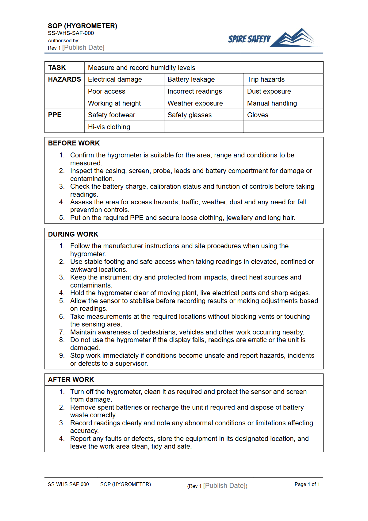 Free Safe Operating Procedure (Hygrometer) Template — document preview