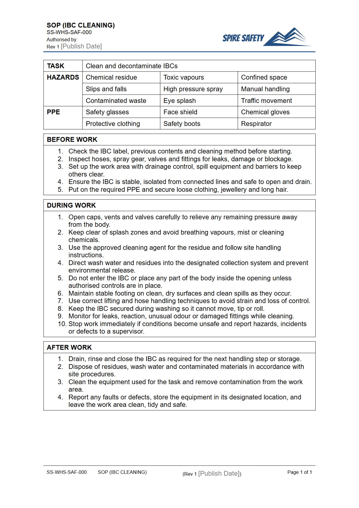 Free Safe Operating Procedure (IBC Cleaning) Template — document preview