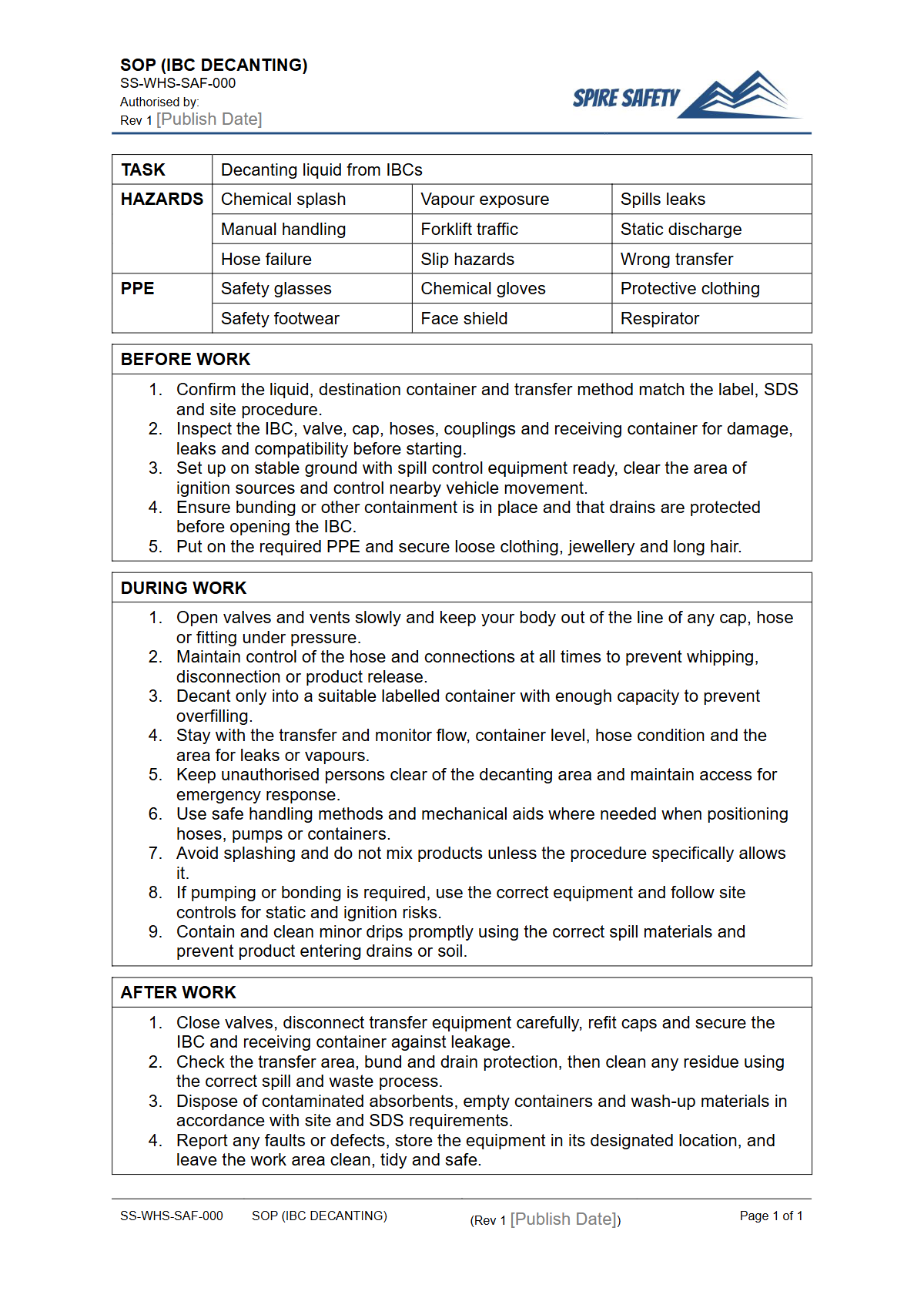 Free Safe Operating Procedure (IBC Decanting) Template — document preview