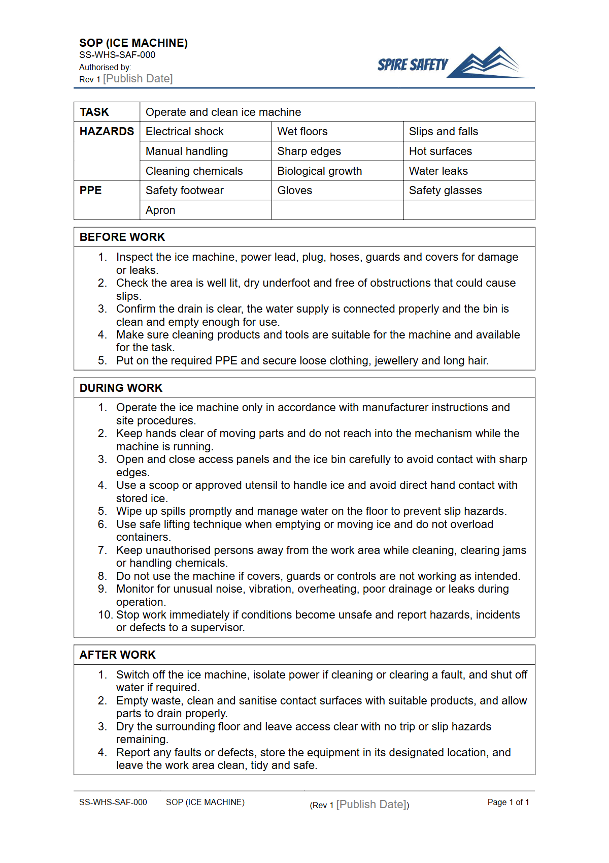 Free Safe Operating Procedure (Ice Machine) Template — document preview