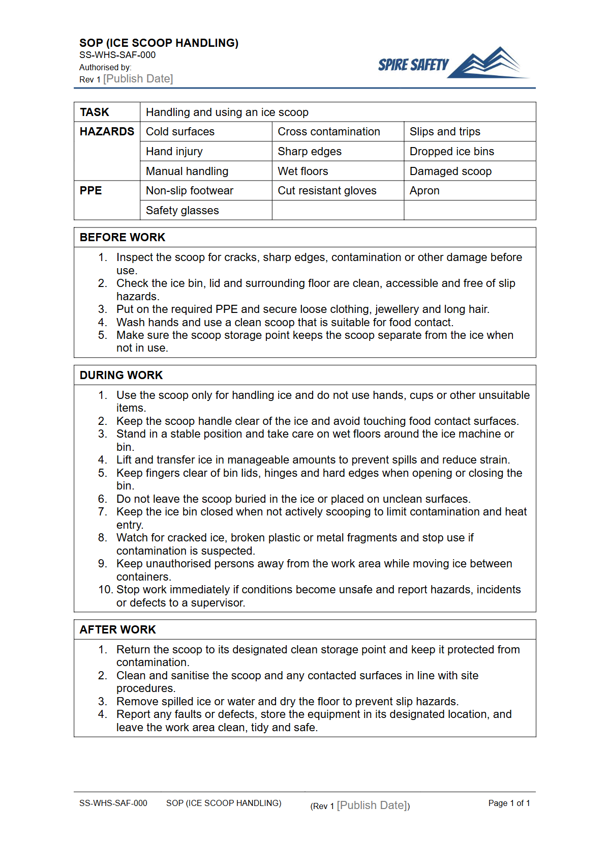 Free Safe Operating Procedure (Ice Scoop Handling) Template — document preview