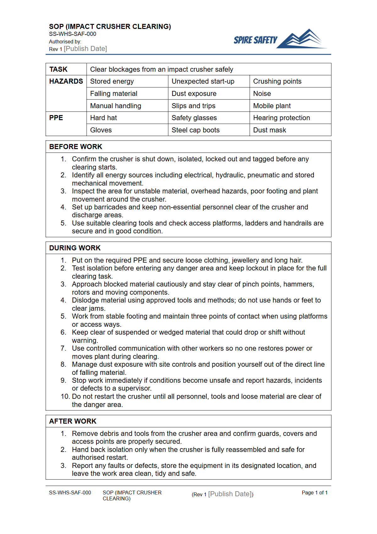 Free Safe Operating Procedure (Impact Crusher Clearing) Template — document preview