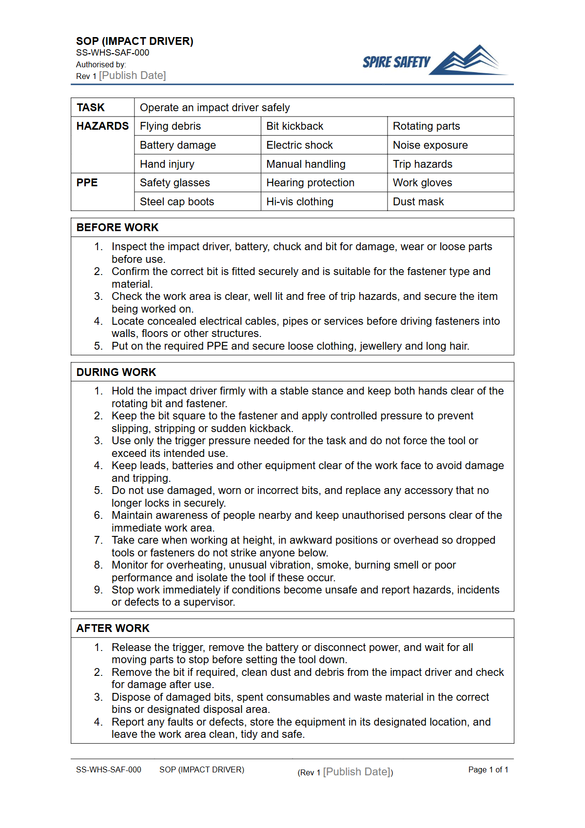 Free Safe Operating Procedure (Impact Driver) Template — document preview
