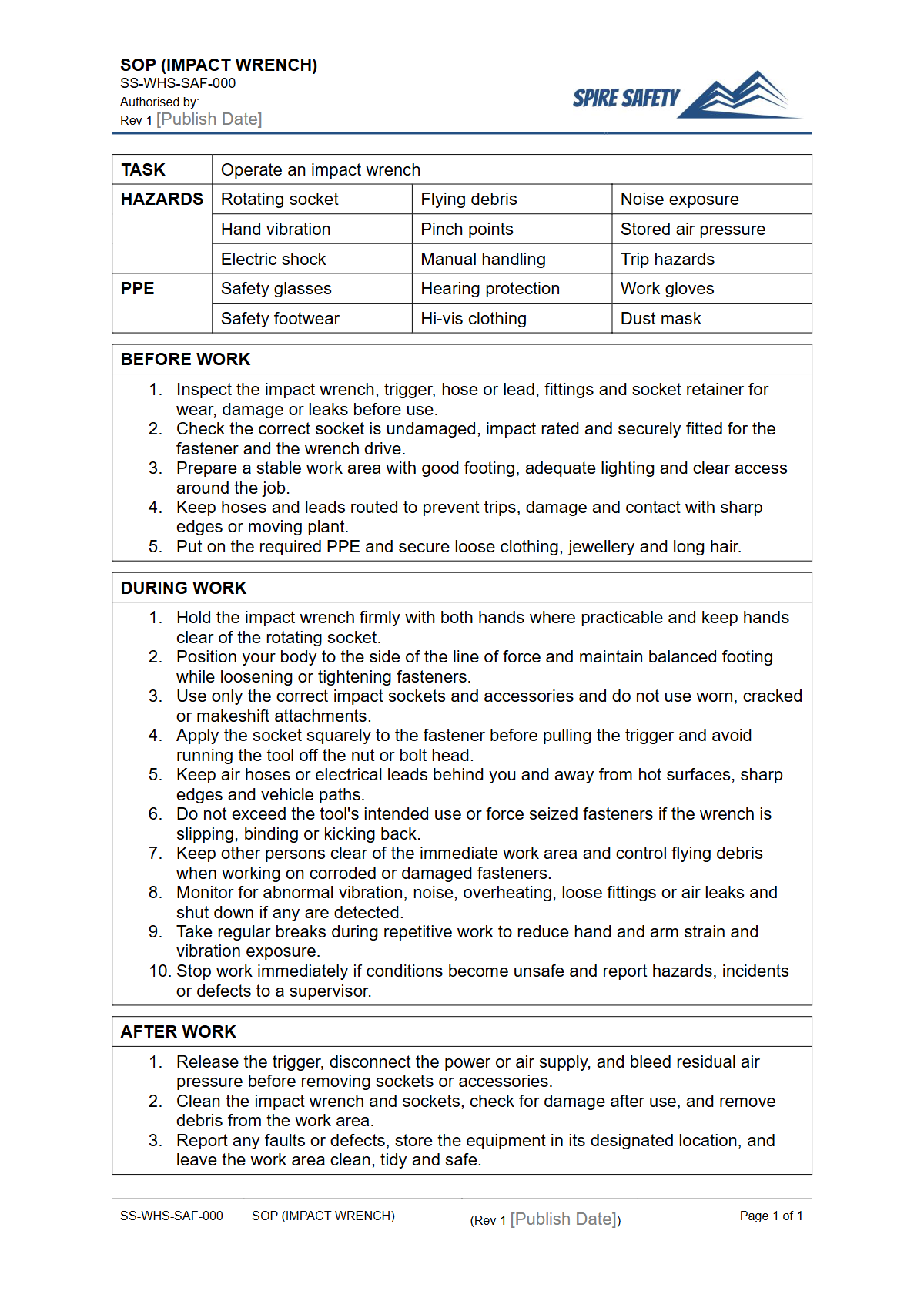 Free Safe Operating Procedure (Impact Wrench) Template — document preview