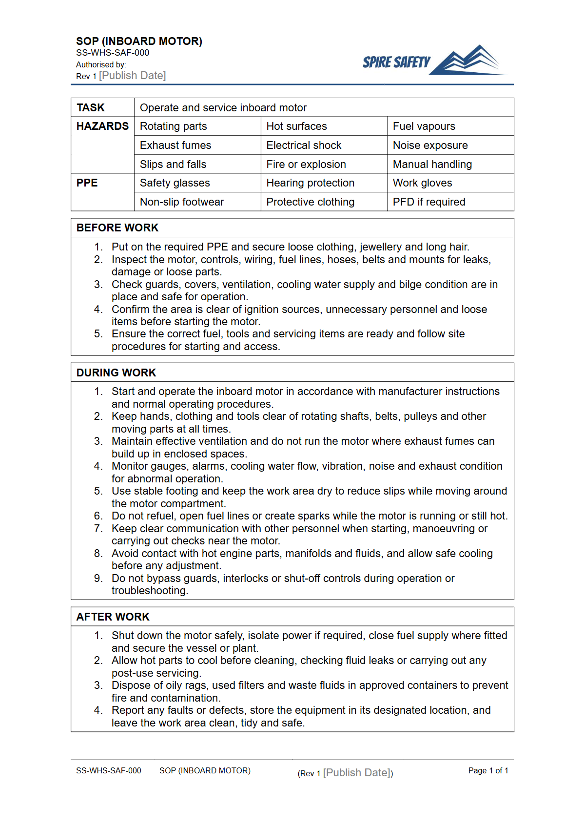 Free Safe Operating Procedure (Inboard Motor) Template — document preview
