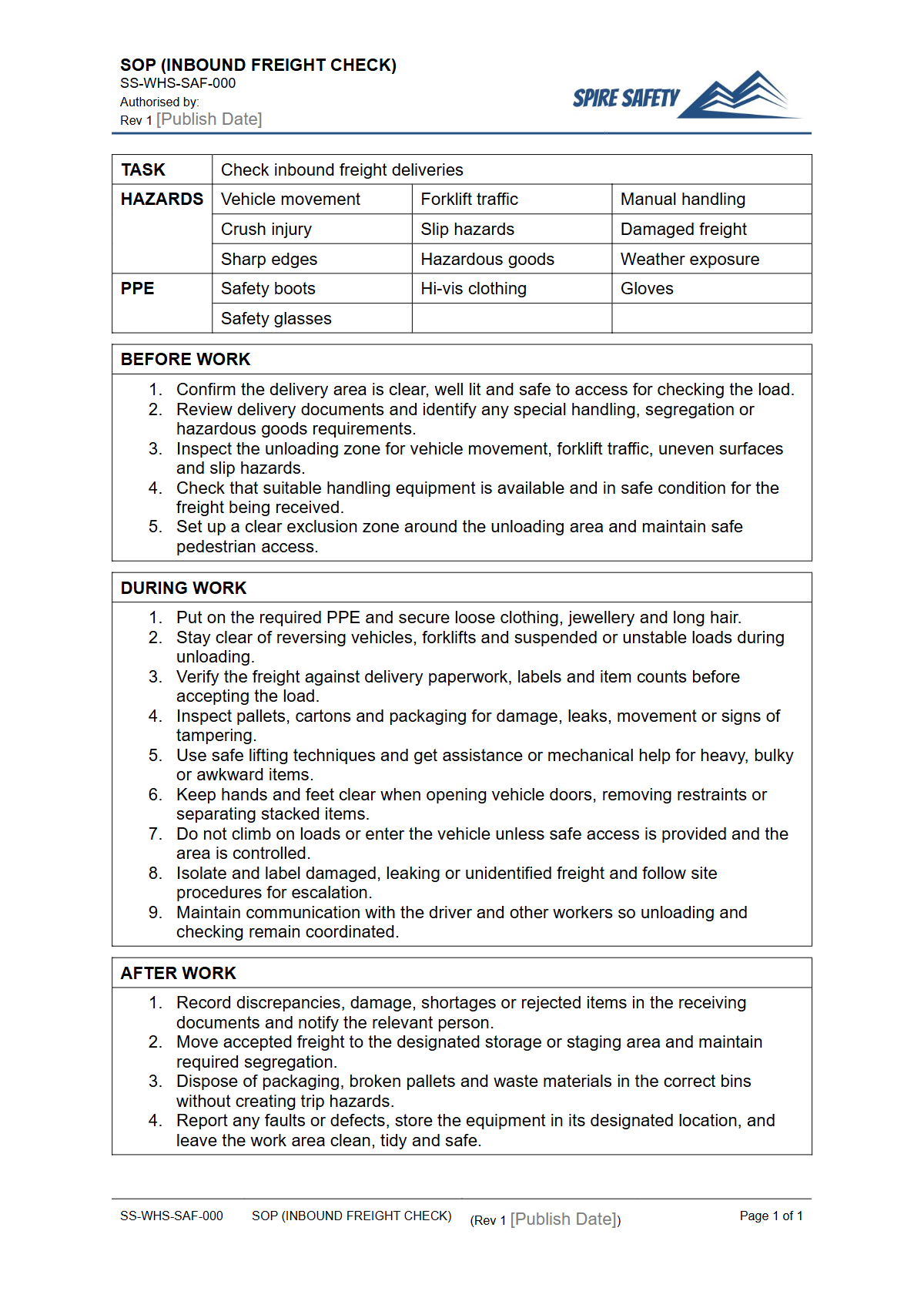 Free Safe Operating Procedure (Inbound Freight Check) Template — document preview