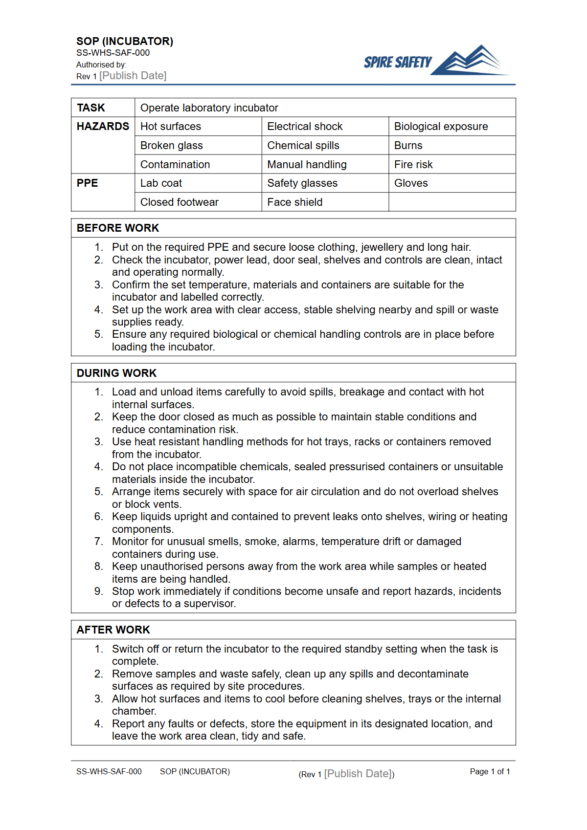 Free Safe Operating Procedure (Incubator) Template — document preview