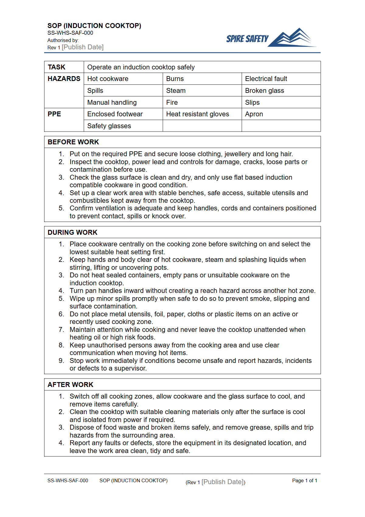 Free Safe Operating Procedure (Induction Cooktop) Template — document preview