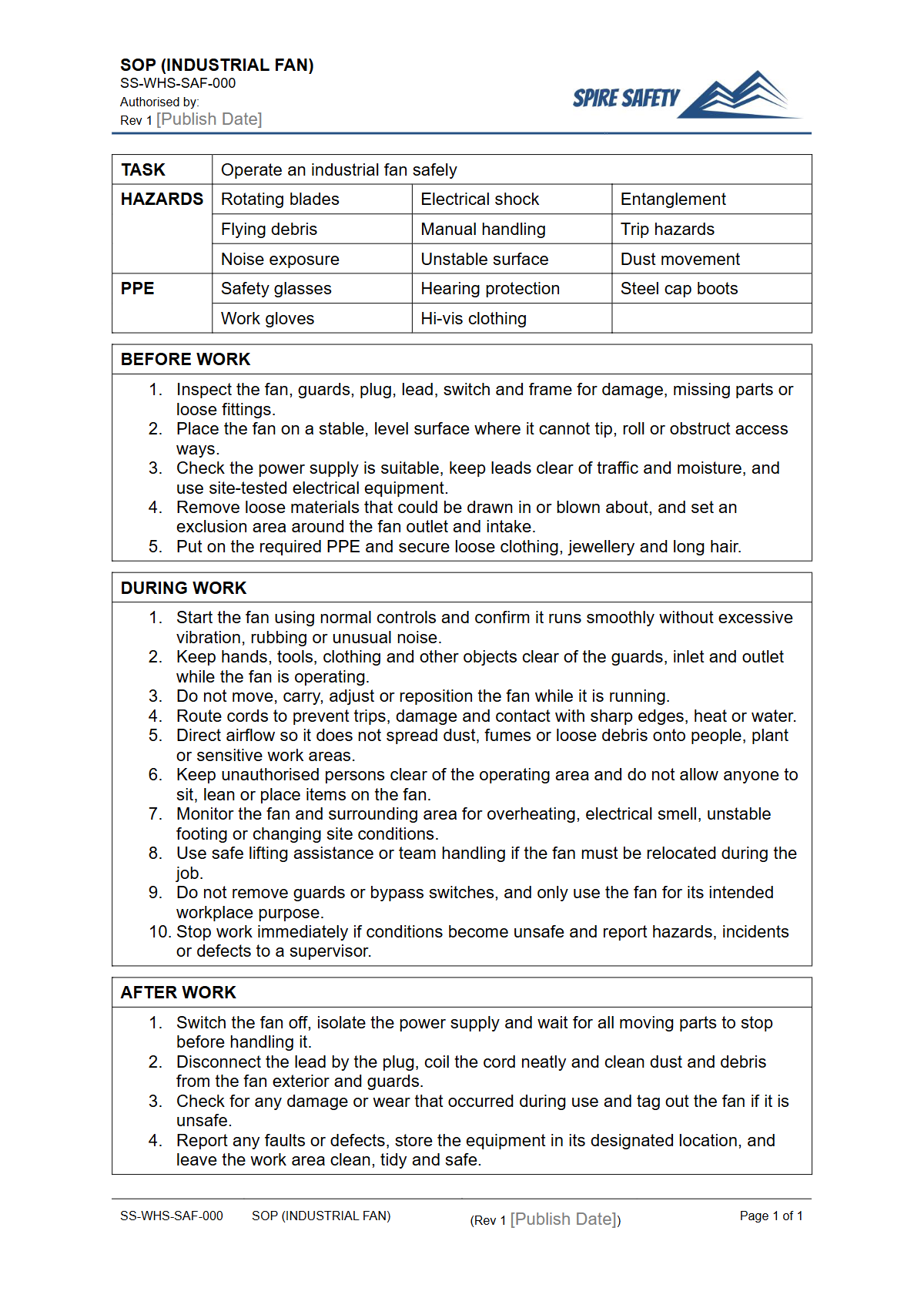 Free Safe Operating Procedure (Industrial Fan) Template — document preview