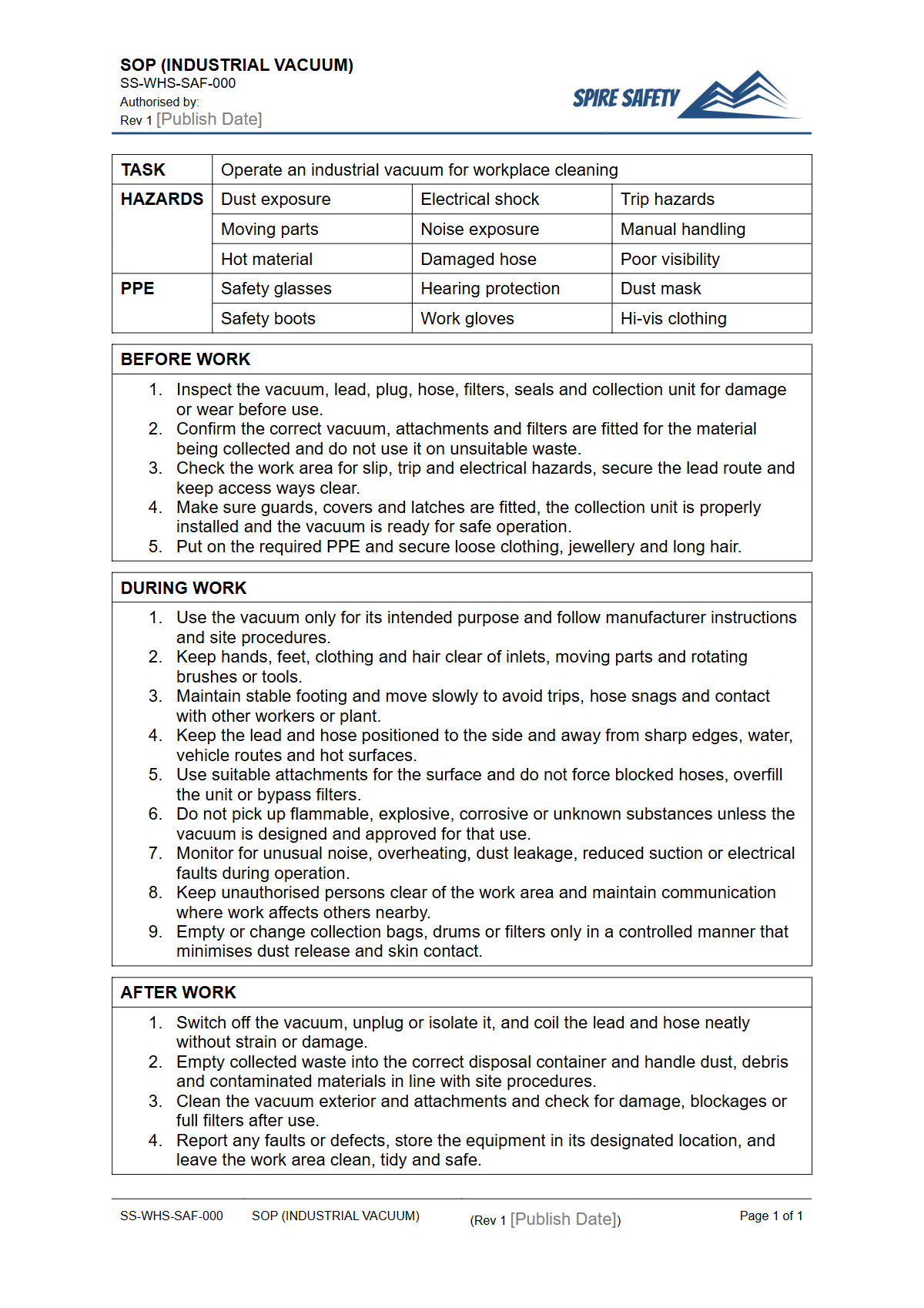 Free Safe Operating Procedure (Industrial Vacuum) Template — document preview