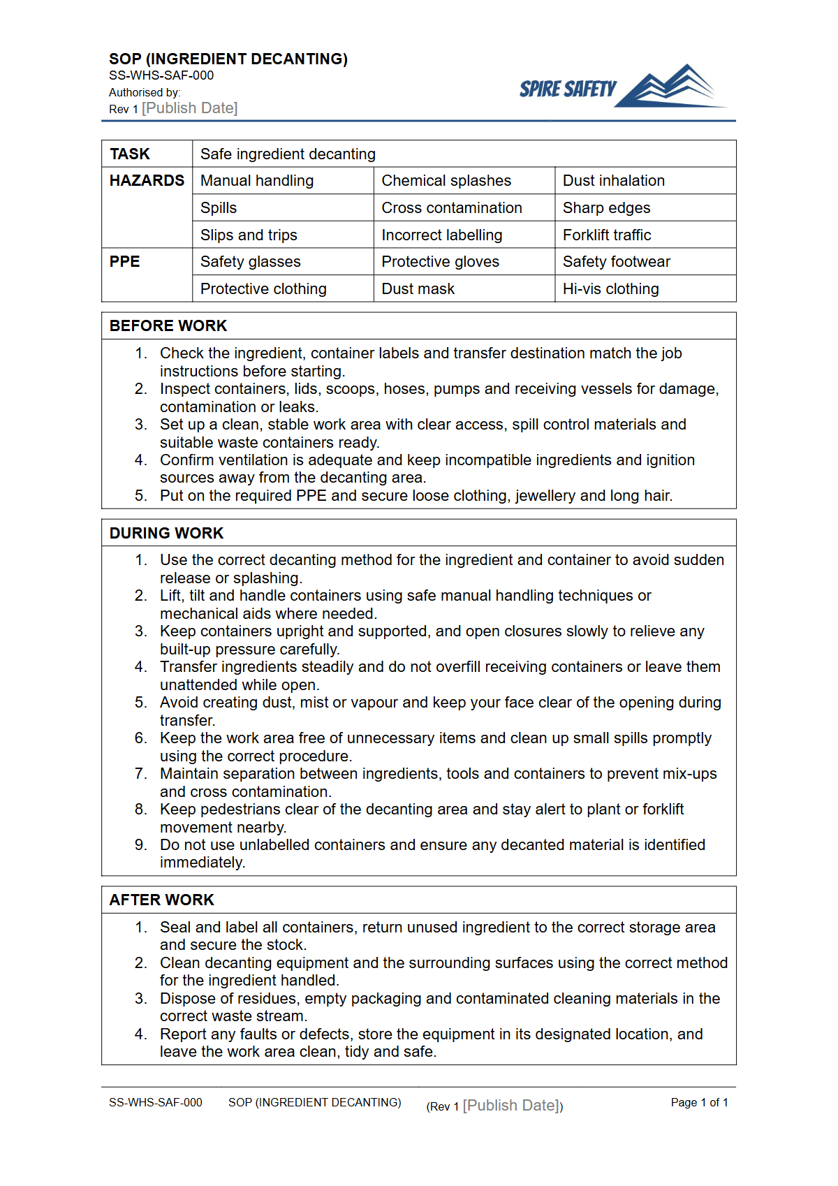 Free Safe Operating Procedure (Ingredient Decanting) Template — document preview