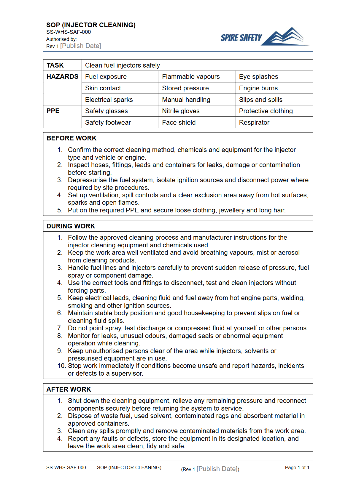 Free Safe Operating Procedure (Injector Cleaning) Template — document preview