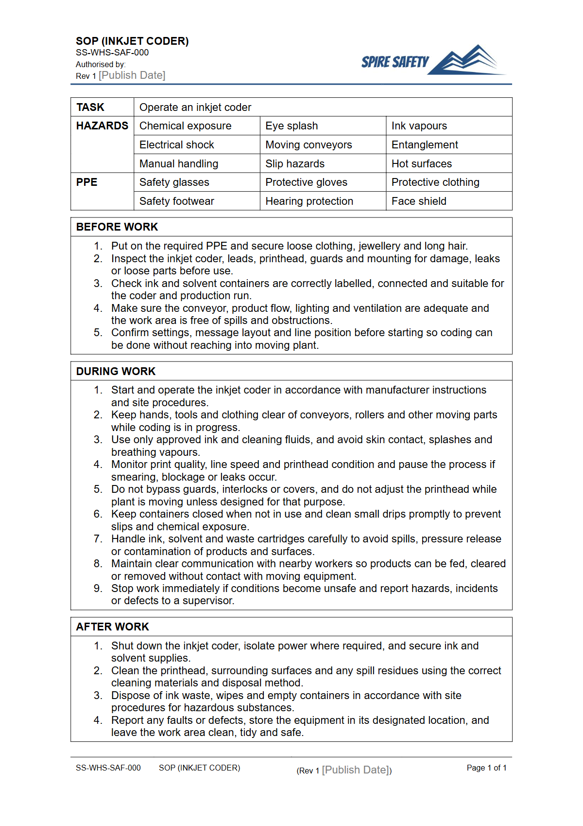Free Safe Operating Procedure (Inkjet Coder) Template — document preview