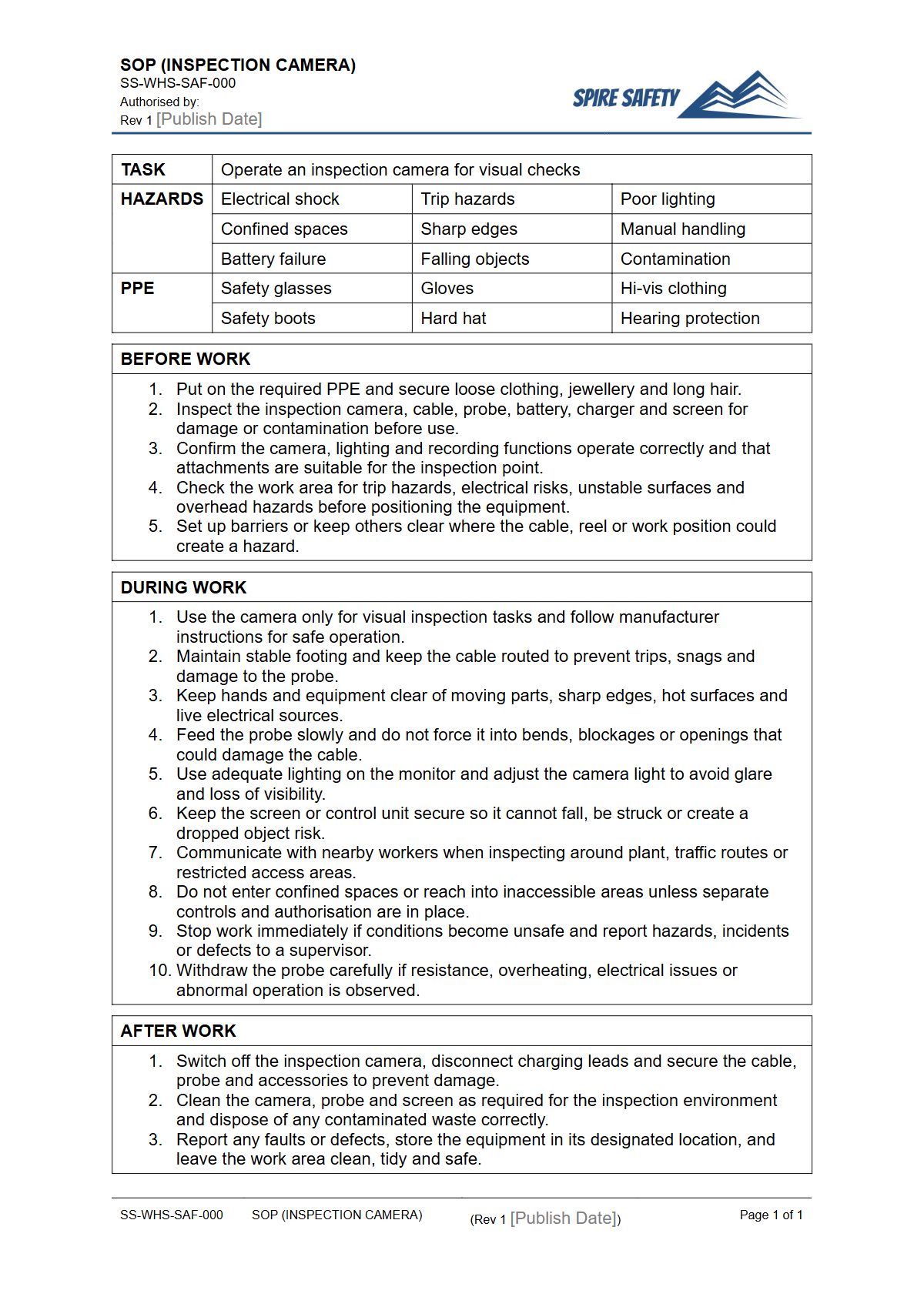 Free Safe Operating Procedure (Inspection Camera) Template — document preview