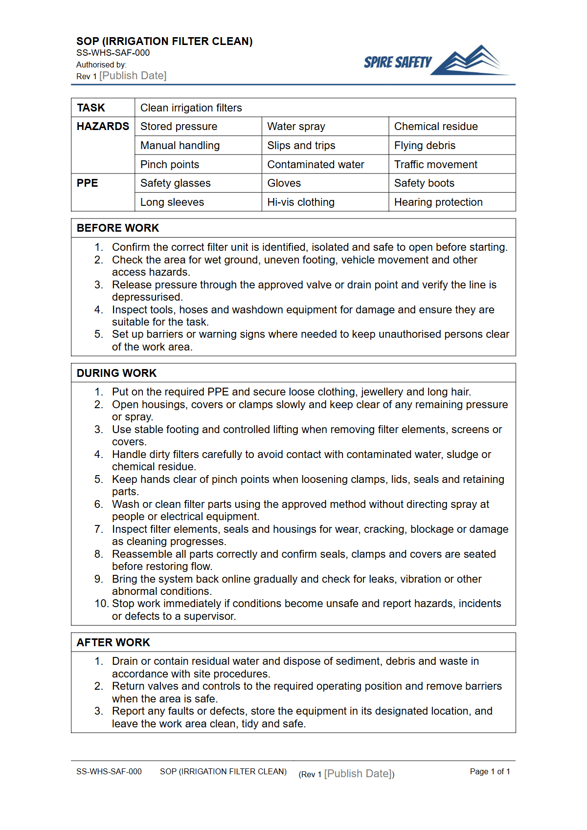 Free Safe Operating Procedure (Irrigation Filter Clean) Template — document preview