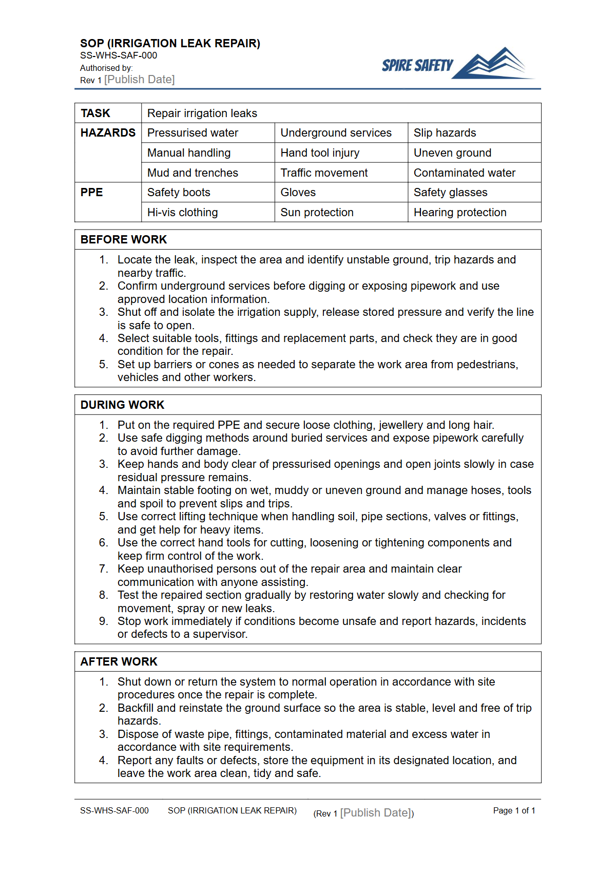 Free Safe Operating Procedure (Irrigation Leak Repair) Template — document preview
