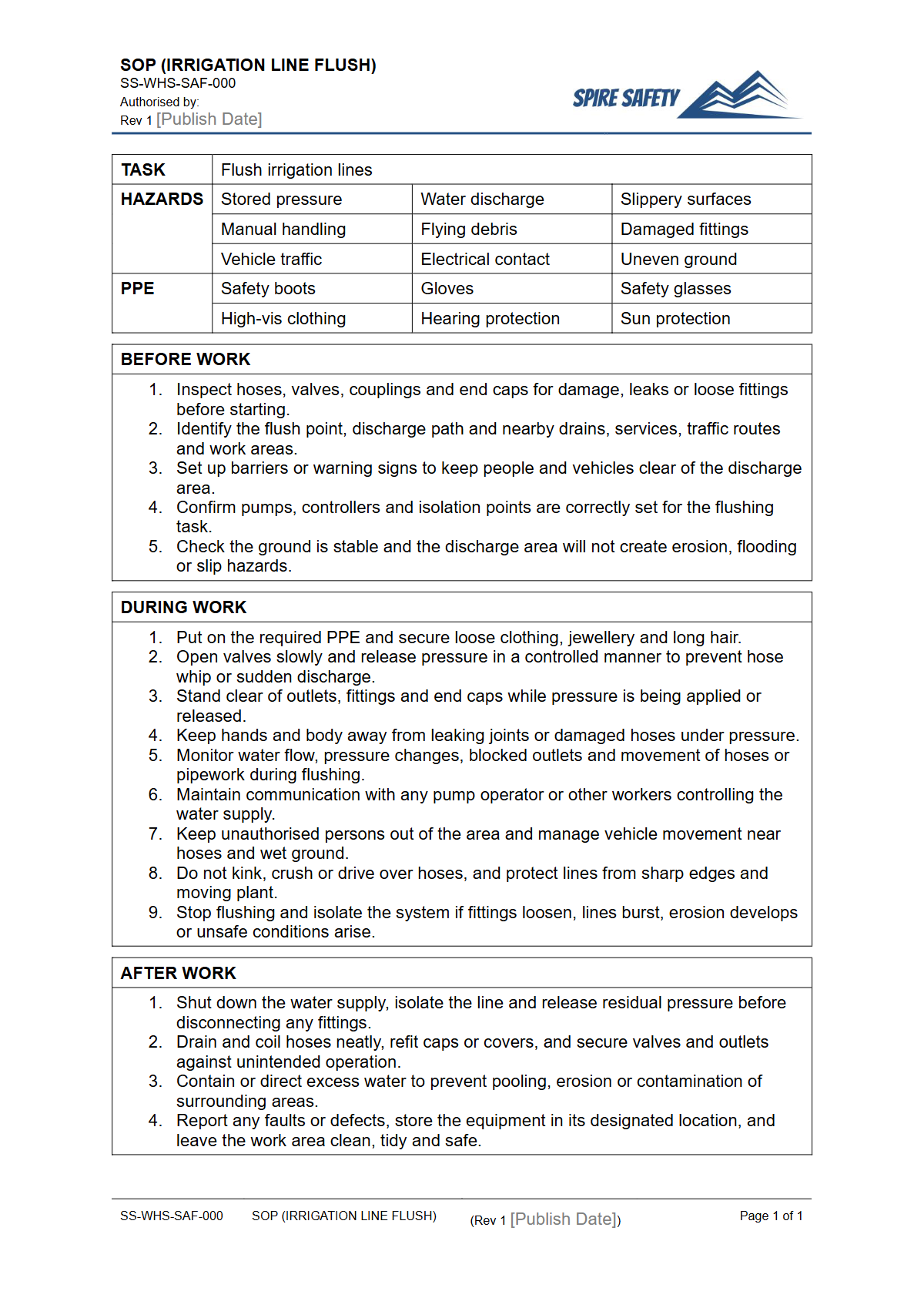 Free Safe Operating Procedure (Irrigation Line Flush) Template — document preview