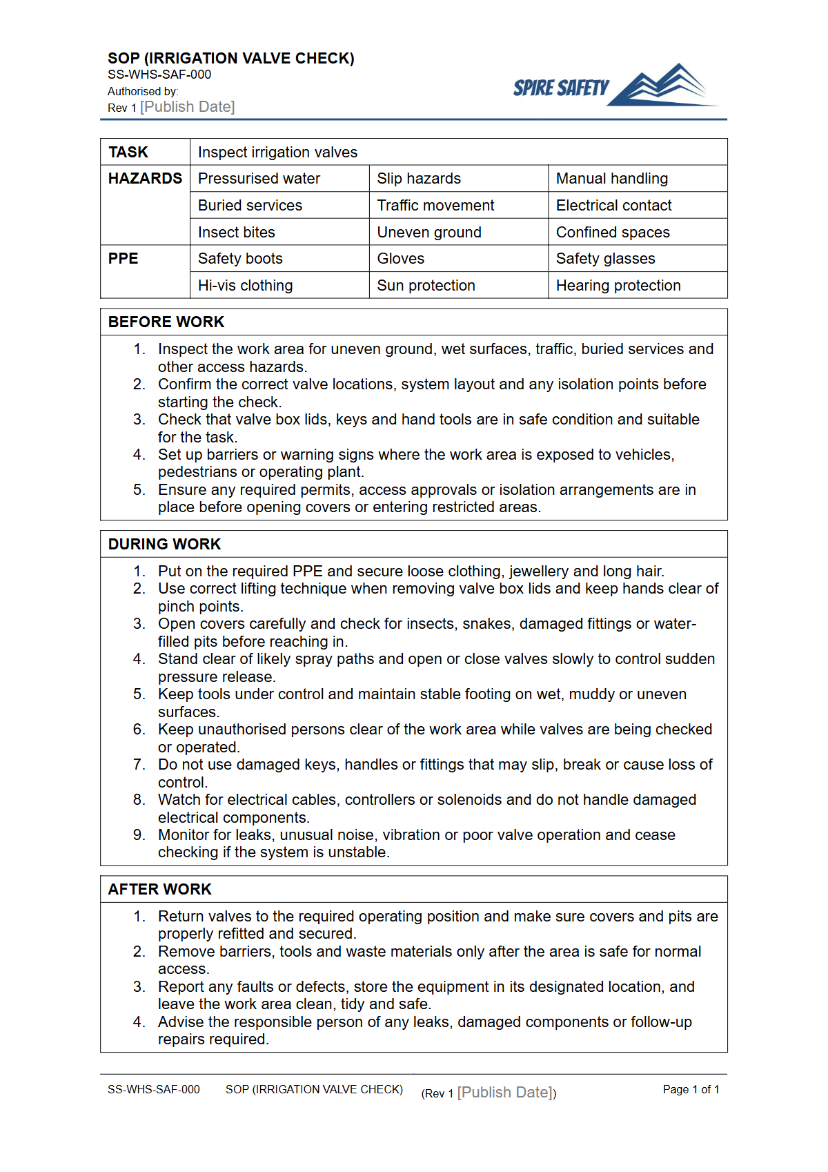 Free Safe Operating Procedure (Irrigation Valve Check) Template — document preview