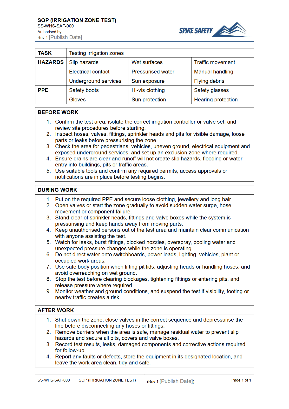Free Safe Operating Procedure (Irrigation Zone Test) Template — document preview
