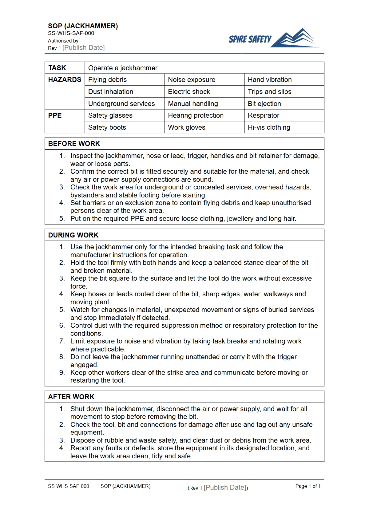 Free Safe Operating Procedure (Jackhammer) Template — document preview