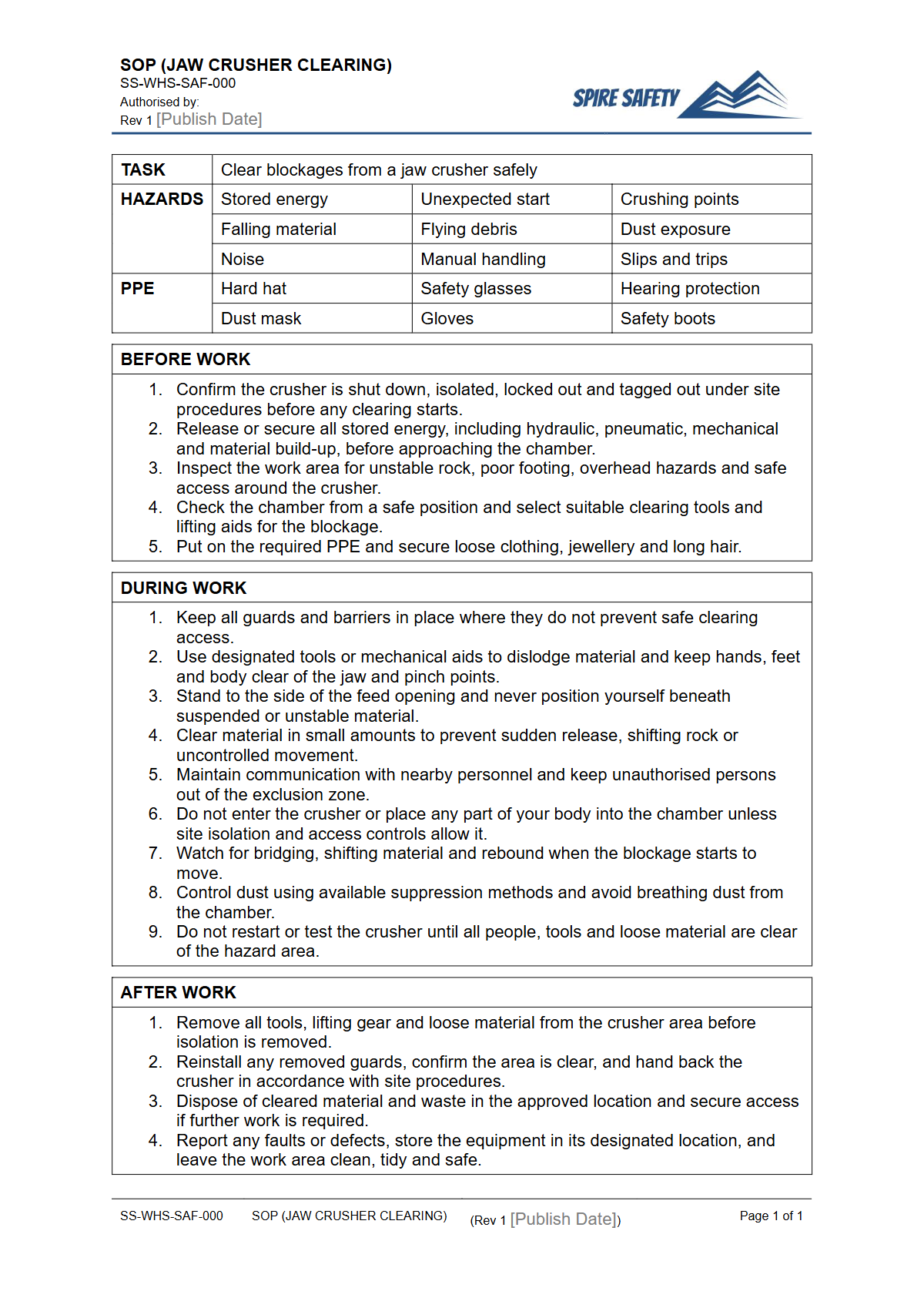 Free Safe Operating Procedure (Jaw Crusher Clearing) Template — document preview