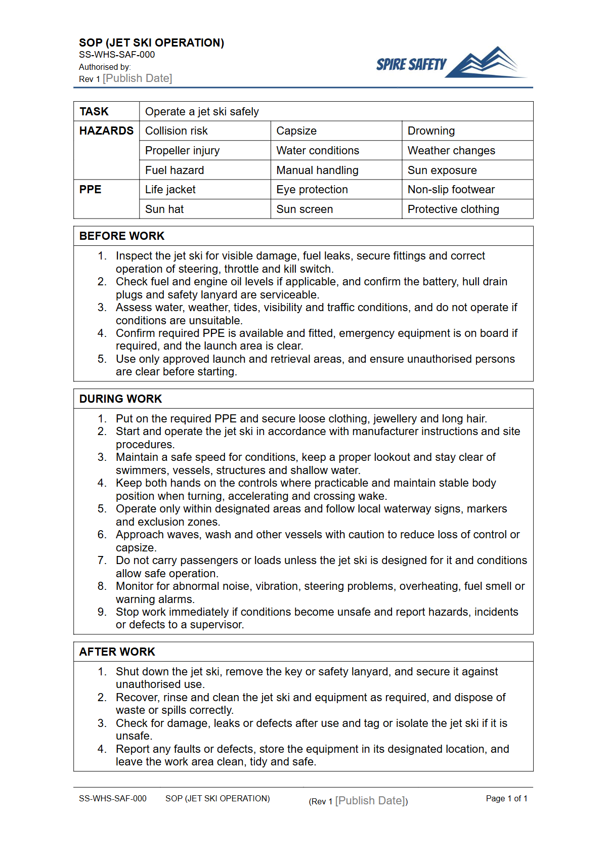 Free Safe Operating Procedure (Jet Ski Operation) Template — document preview