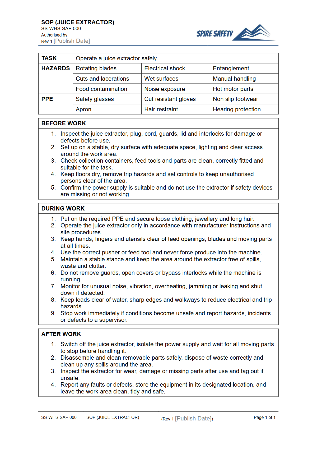 Free Safe Operating Procedure (Juice Extractor) Template — document preview