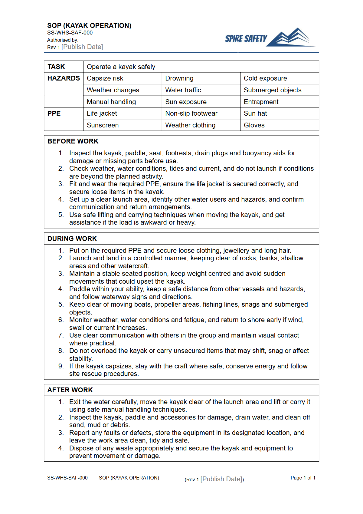Free Safe Operating Procedure (Kayak Operation) Template — document preview