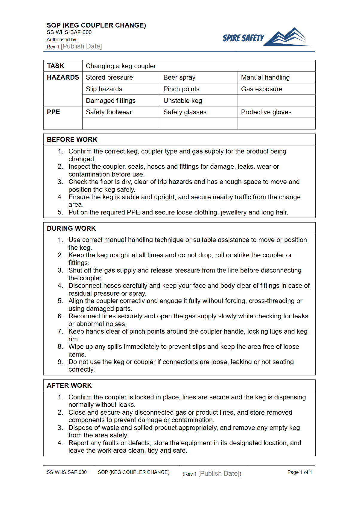 Free Safe Operating Procedure (Keg Coupler Change) Template — document preview