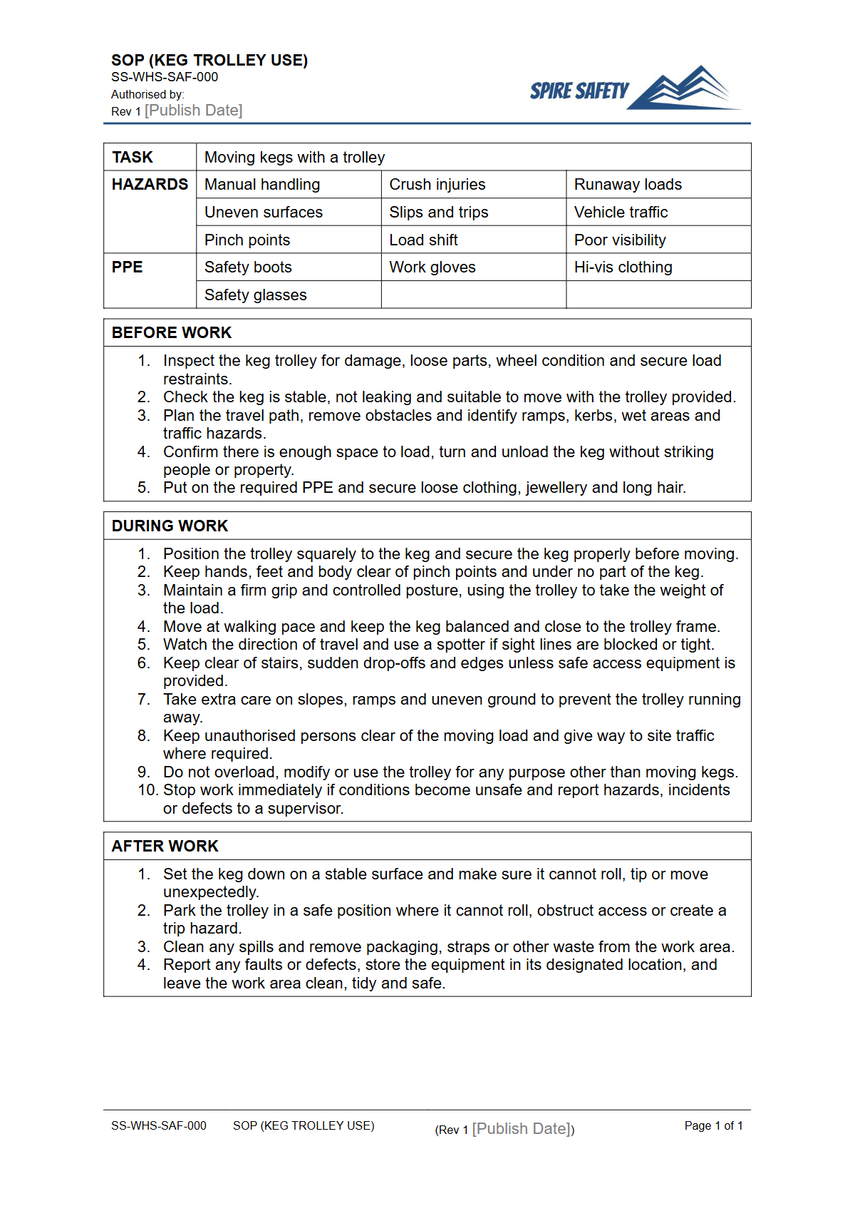 Free Safe Operating Procedure (Keg Trolley Use) Template — document preview