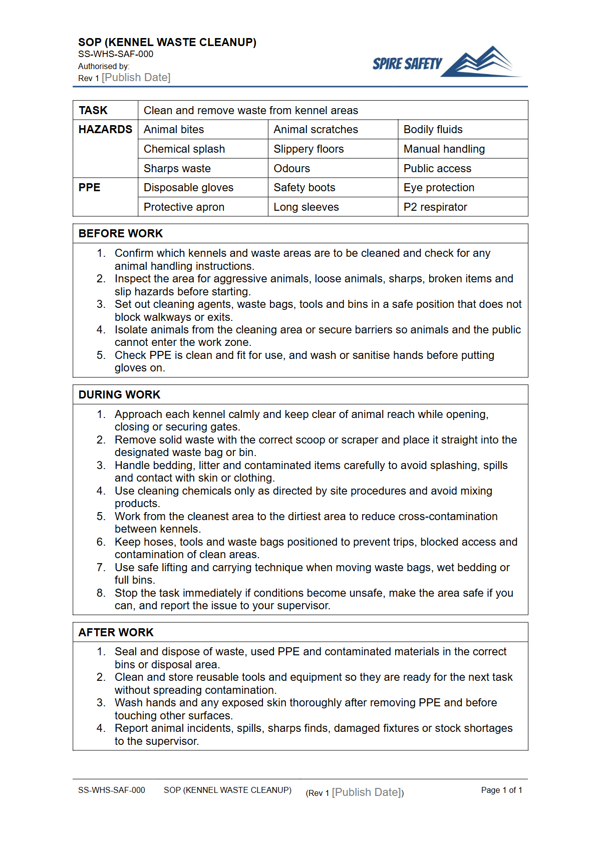 Free Safe Operating Procedure (Kennel Waste Cleanup) Template — document preview