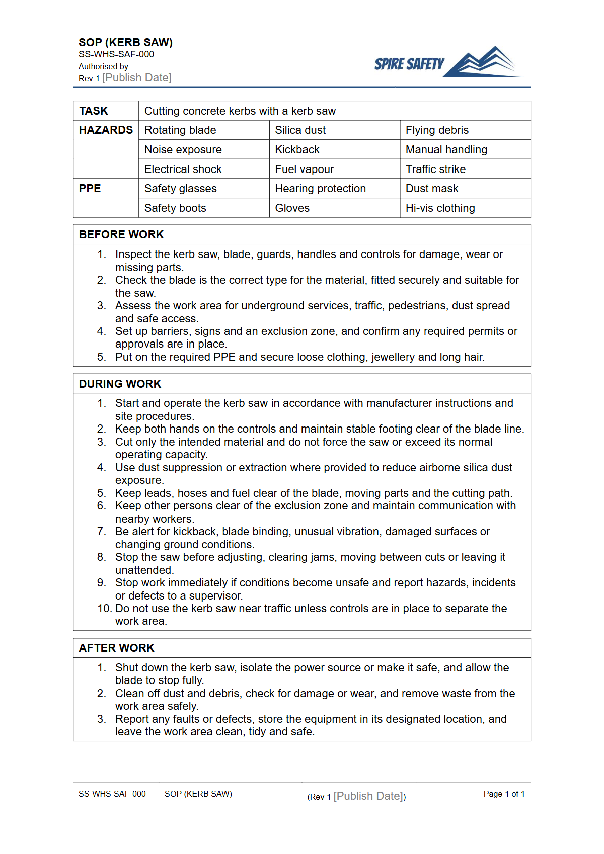 Free Safe Operating Procedure (Kerb Saw) Template — document preview