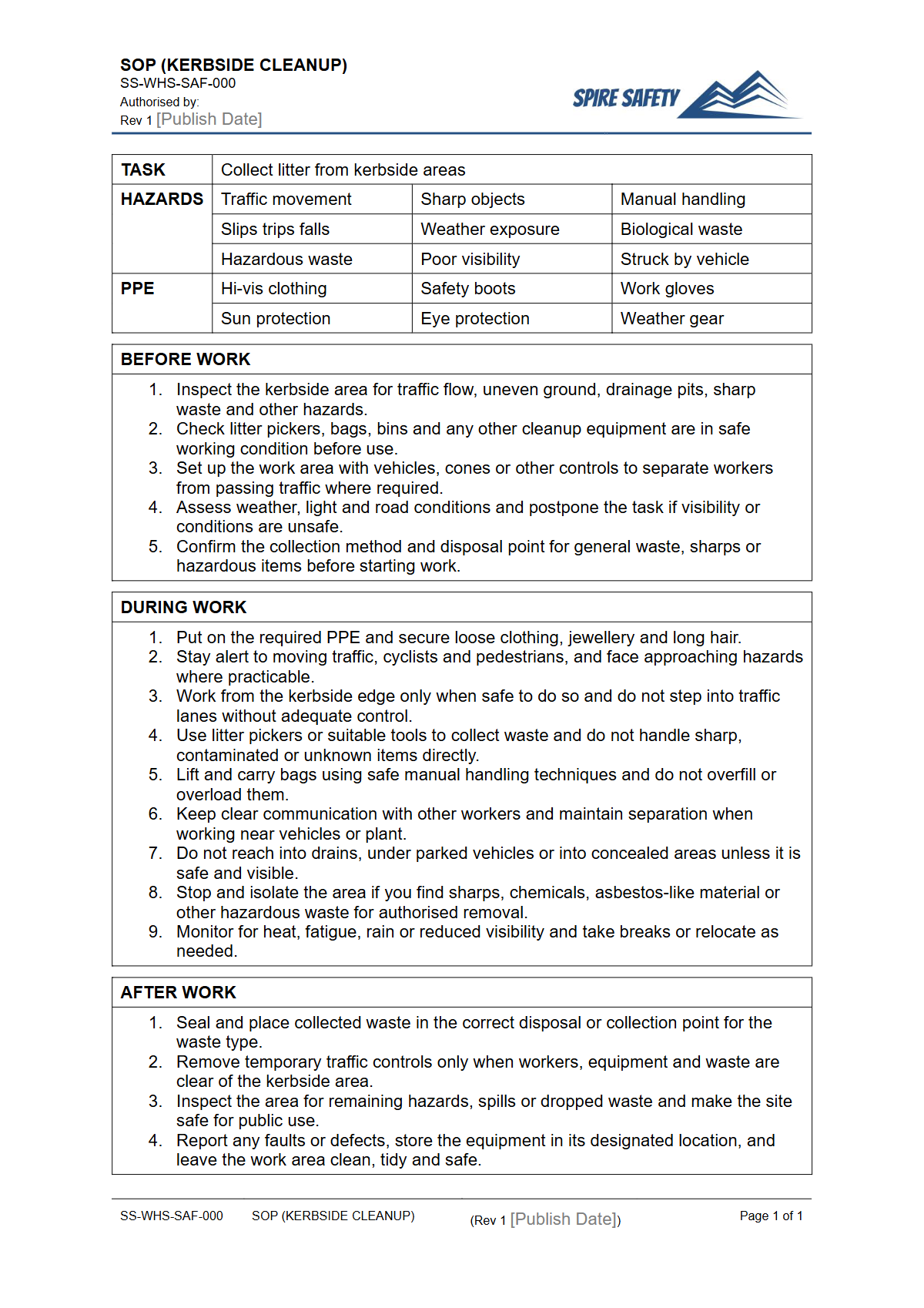 Free Safe Operating Procedure (Kerbside Cleanup) Template — document preview