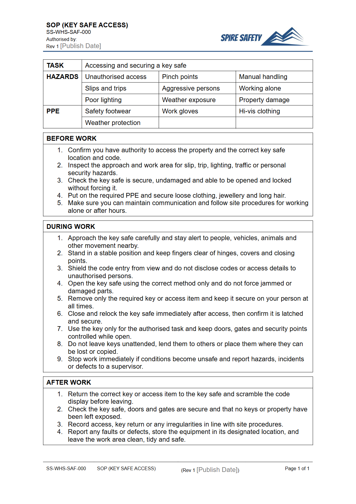 Free Safe Operating Procedure (Key Safe Access) Template — document preview
