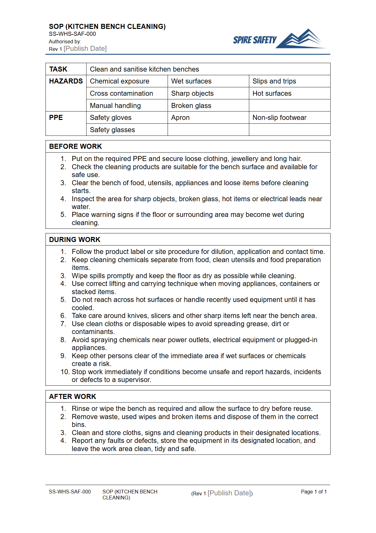 Free Safe Operating Procedure (Kitchen Bench Cleaning) Template — document preview