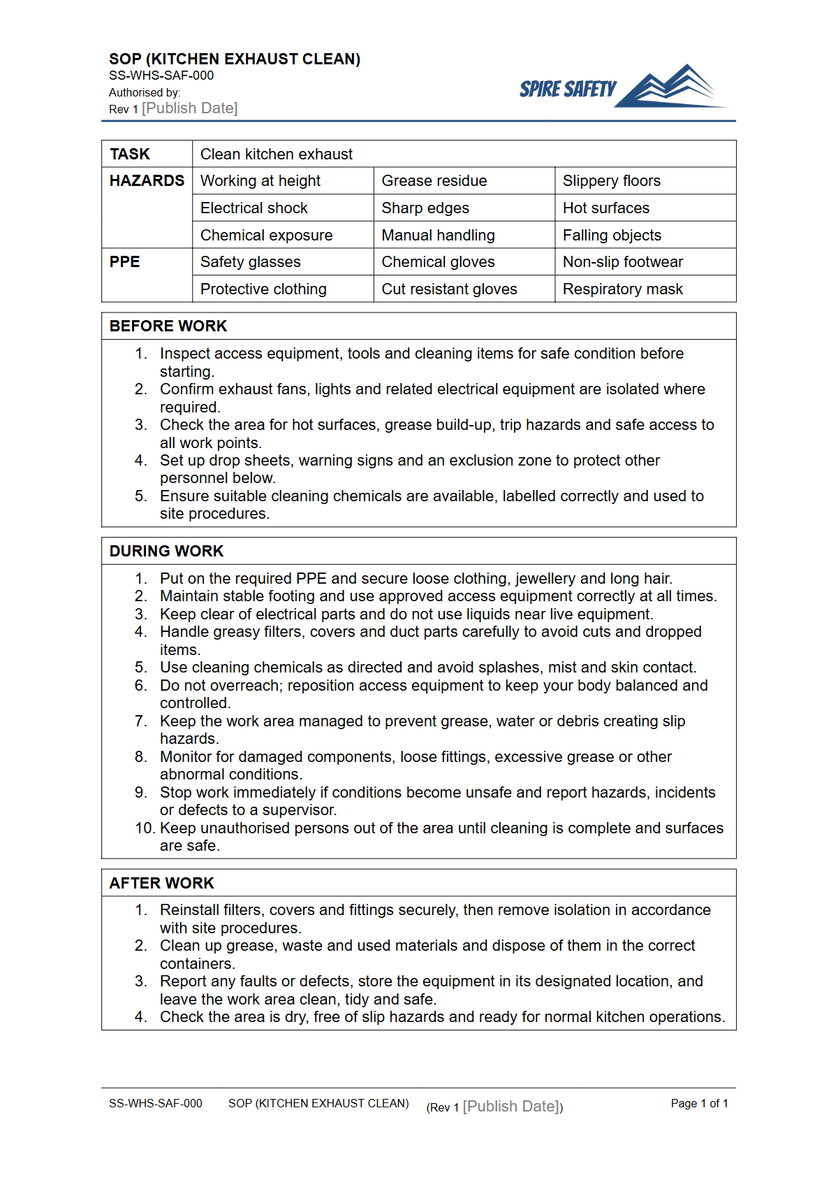 Free Safe Operating Procedure (Kitchen Exhaust Clean) Template — document preview