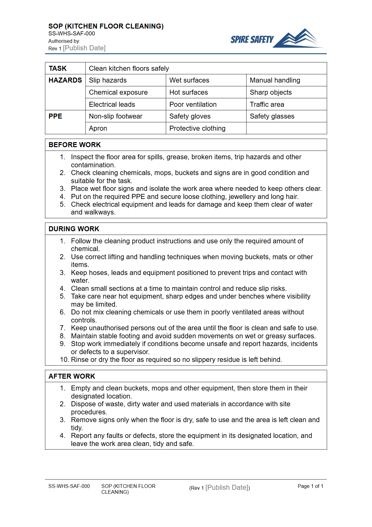 Free Safe Operating Procedure (Kitchen Floor Cleaning) Template — document preview