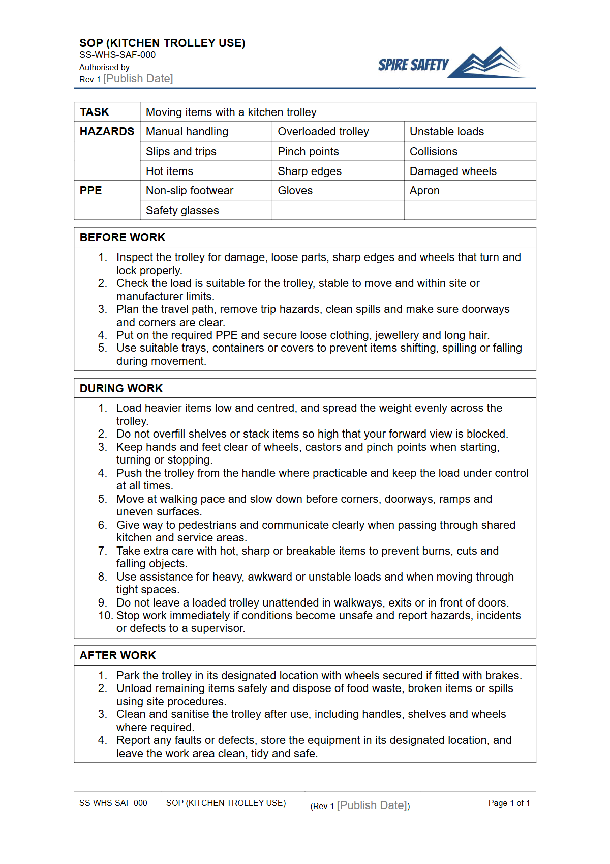 Free Safe Operating Procedure (Kitchen Trolley Use) Template — document preview