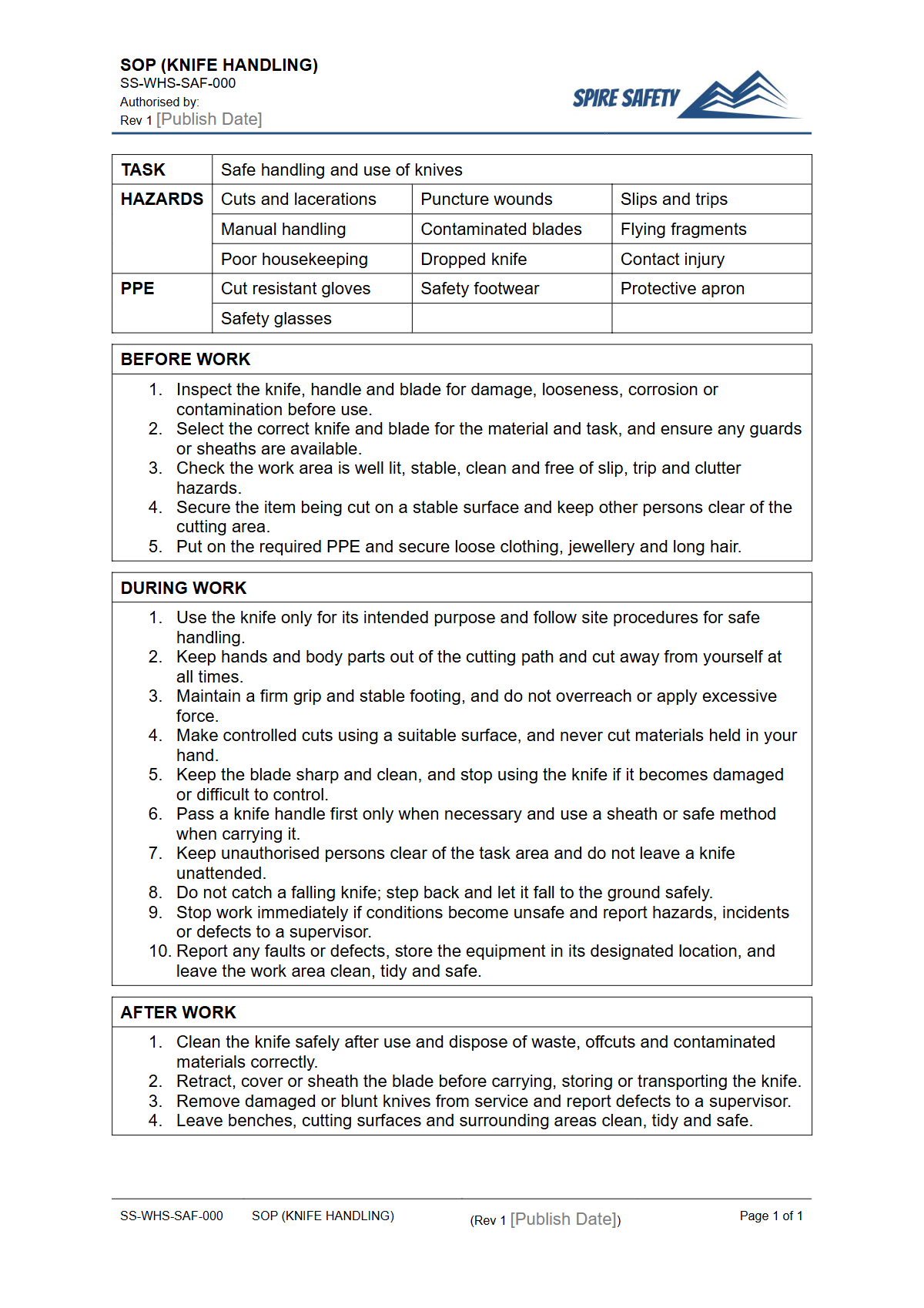 Free Safe Operating Procedure (Knife Handling) Template — document preview