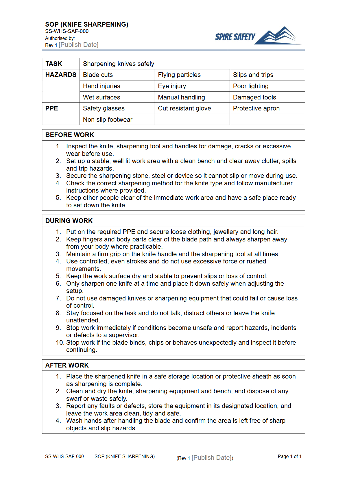 Free Safe Operating Procedure (Knife Sharpening) Template — document preview