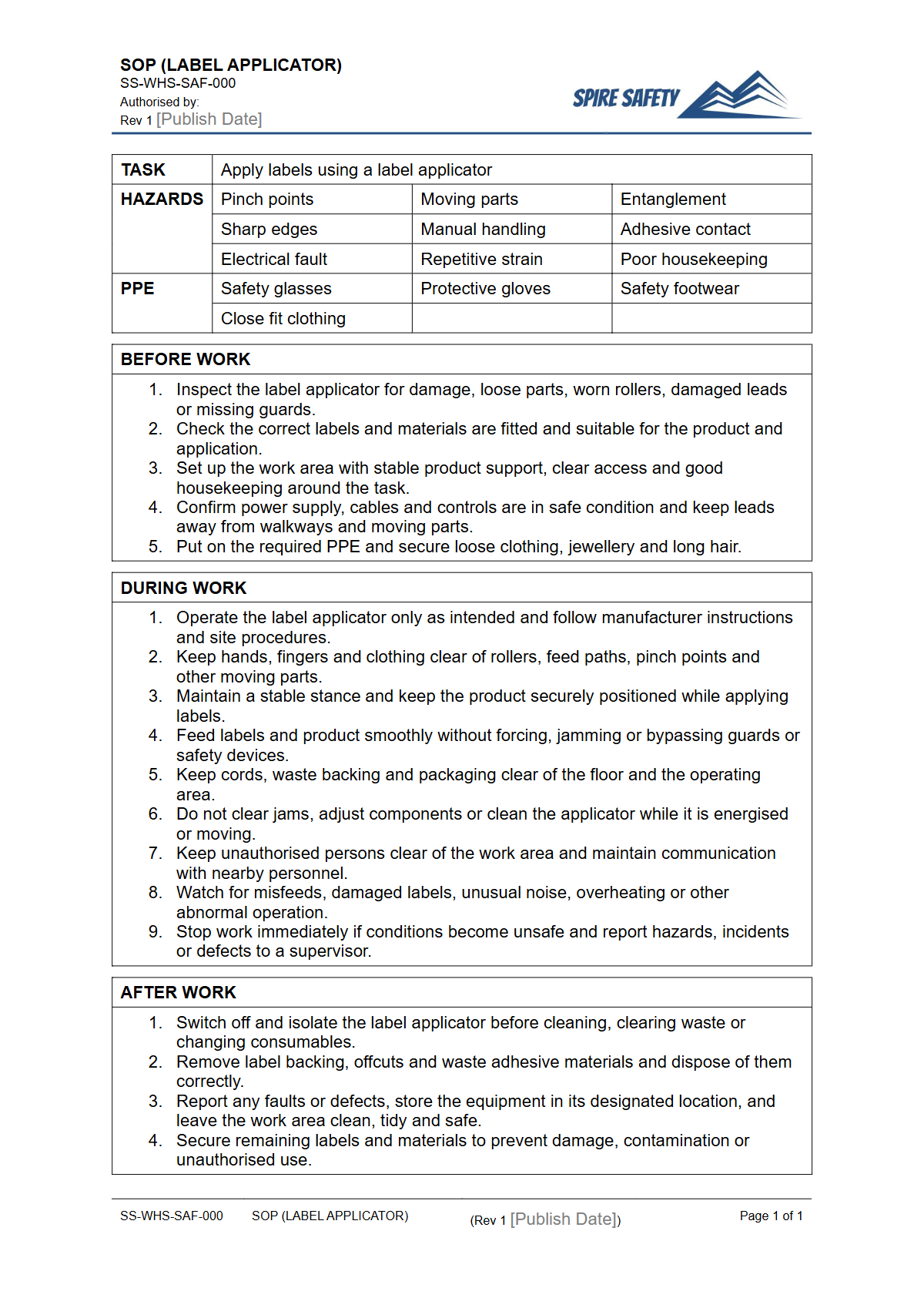 Free Safe Operating Procedure (Label Applicator) Template — document preview