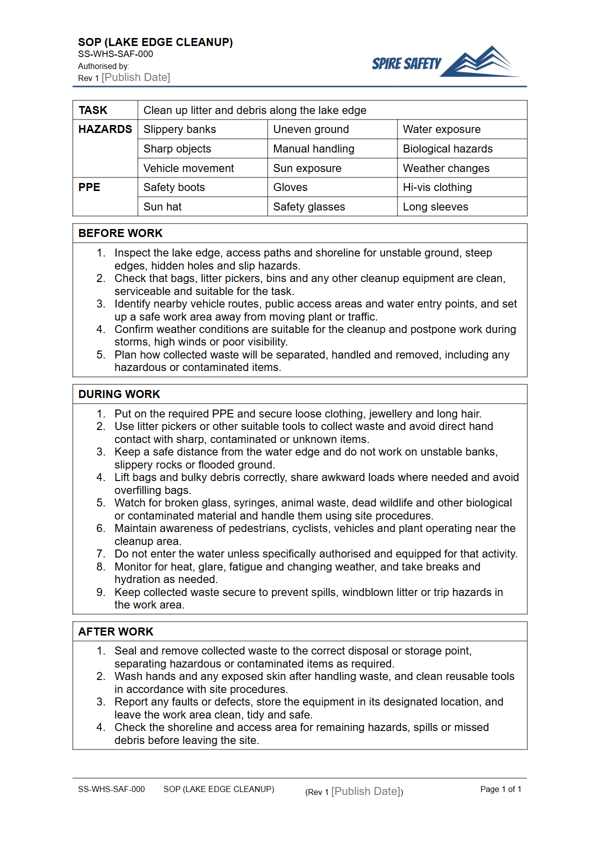 Free Safe Operating Procedure (Lake Edge Cleanup) Template — document preview