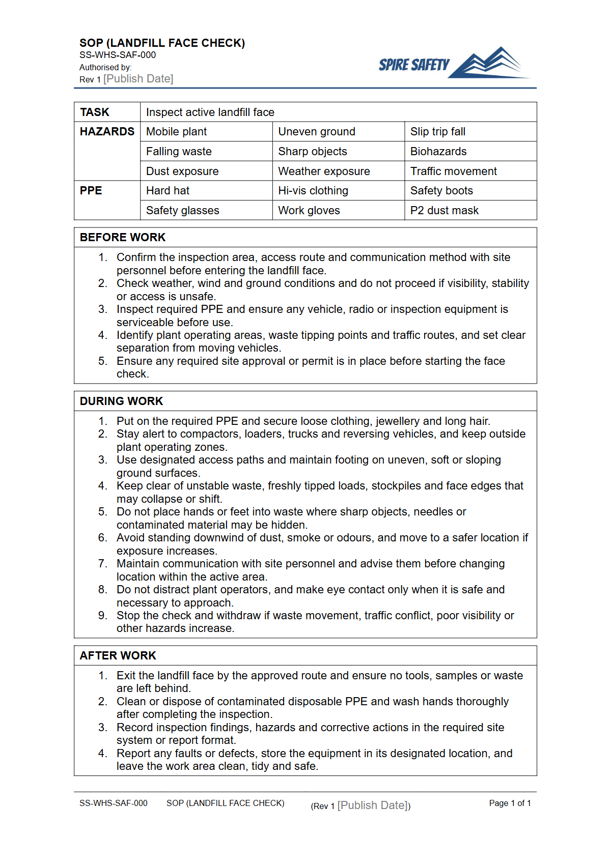 Free Safe Operating Procedure (Landfill Face Check) Template — document preview