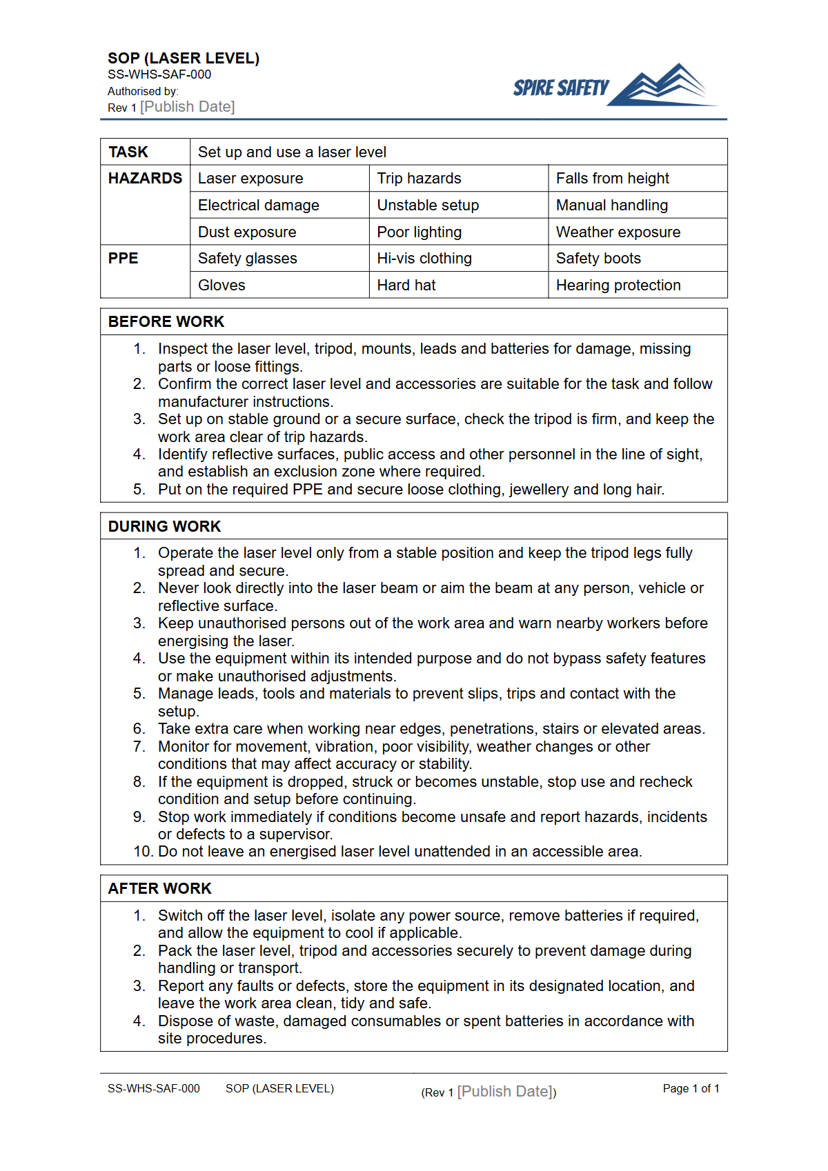 Free Safe Operating Procedure (Laser Level) Template — document preview