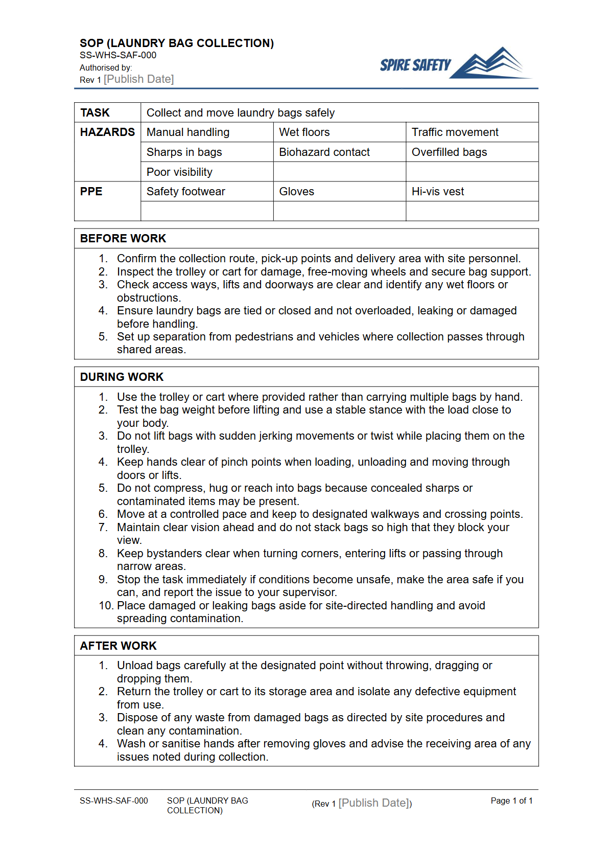 Free Safe Operating Procedure (Laundry Bag Collection) Template — document preview