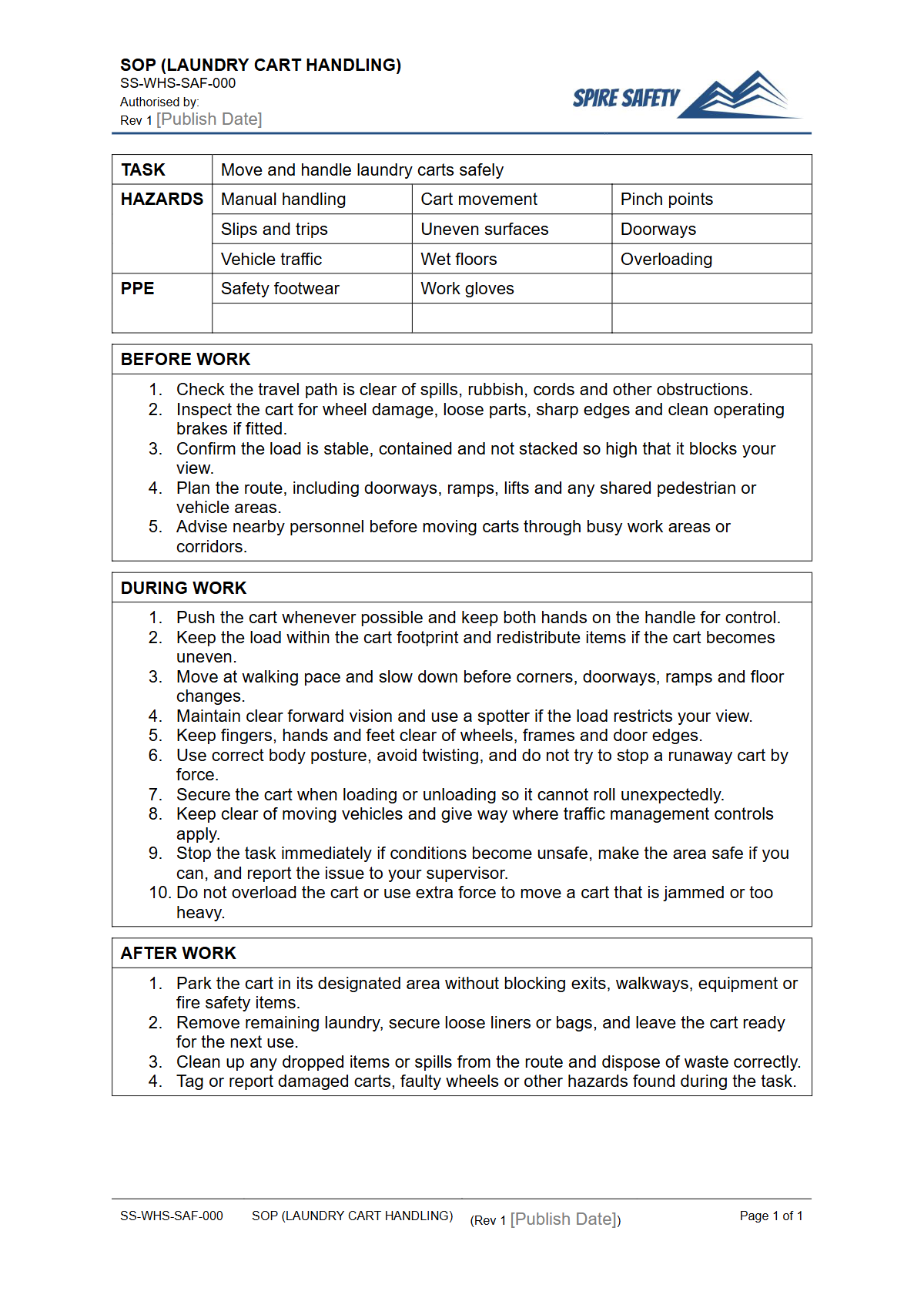 Free Safe Operating Procedure (Laundry Cart Handling) Template — document preview