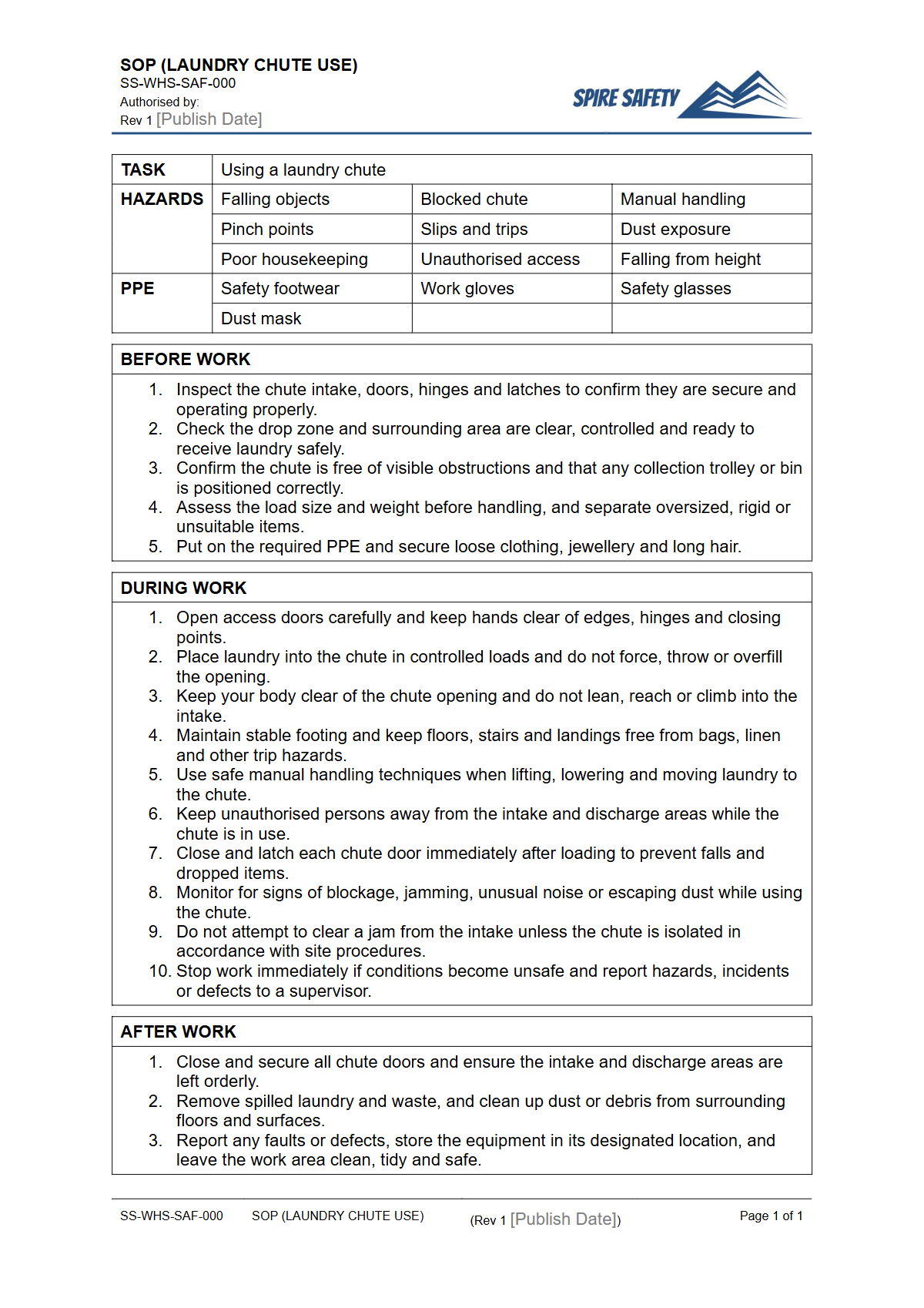Free Safe Operating Procedure (Laundry Chute Use) Template — document preview