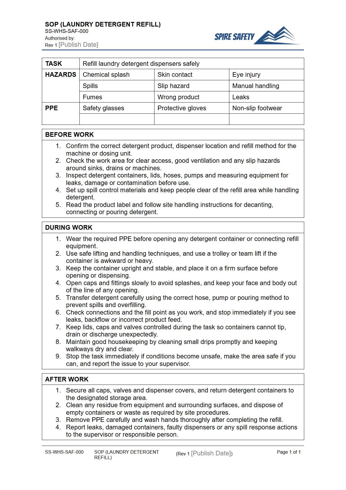 Free Safe Operating Procedure (Laundry Detergent Refill) Template — document preview